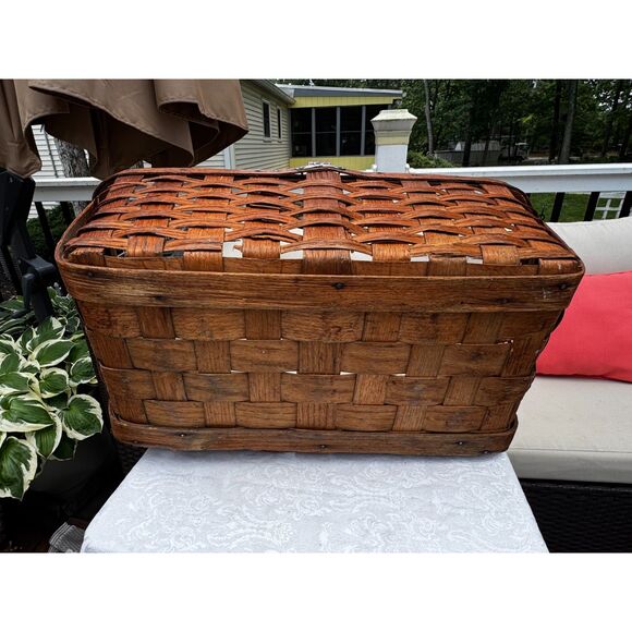 Beautiful antique split oak gathering basket; country, primitive wood basket - Picture 13 of 13